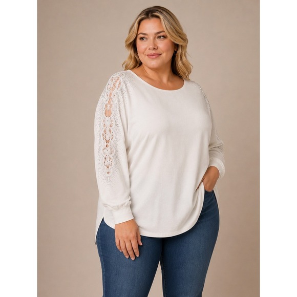 Tahari Tops - Tahari Ivory Lace Cutout Rhinestone Knit Top Plus Size 2X Ivory Long Sleeve Chic